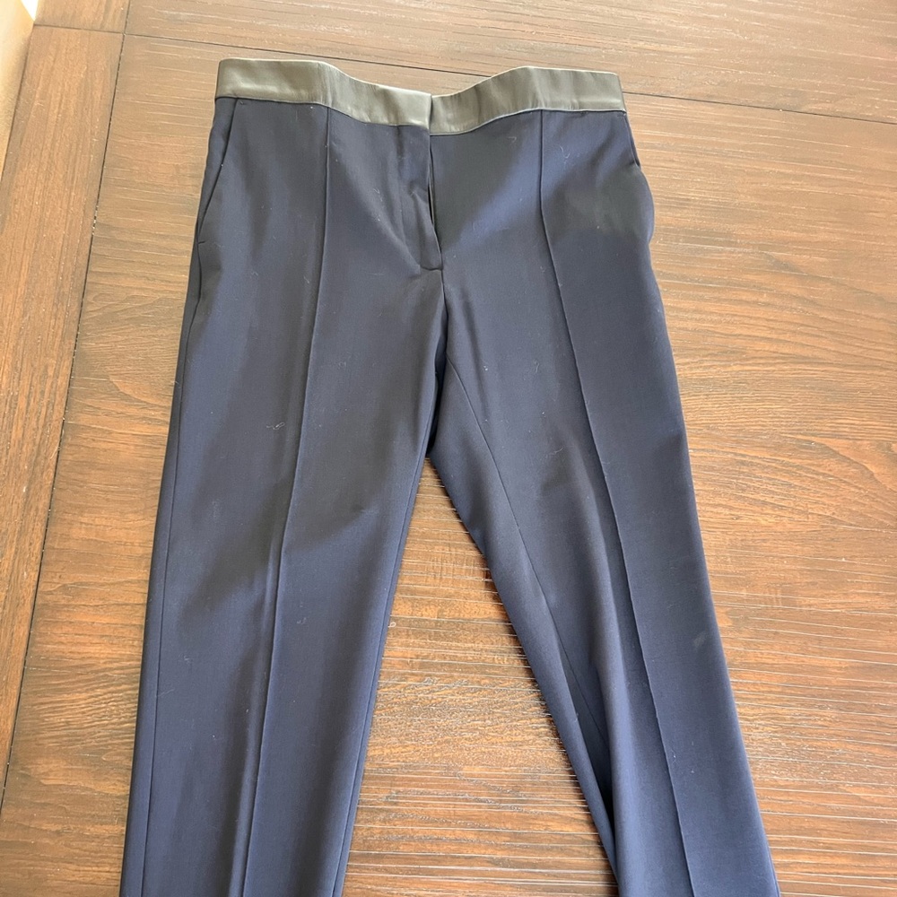 Iro navy crepe trousers with black leather waist band